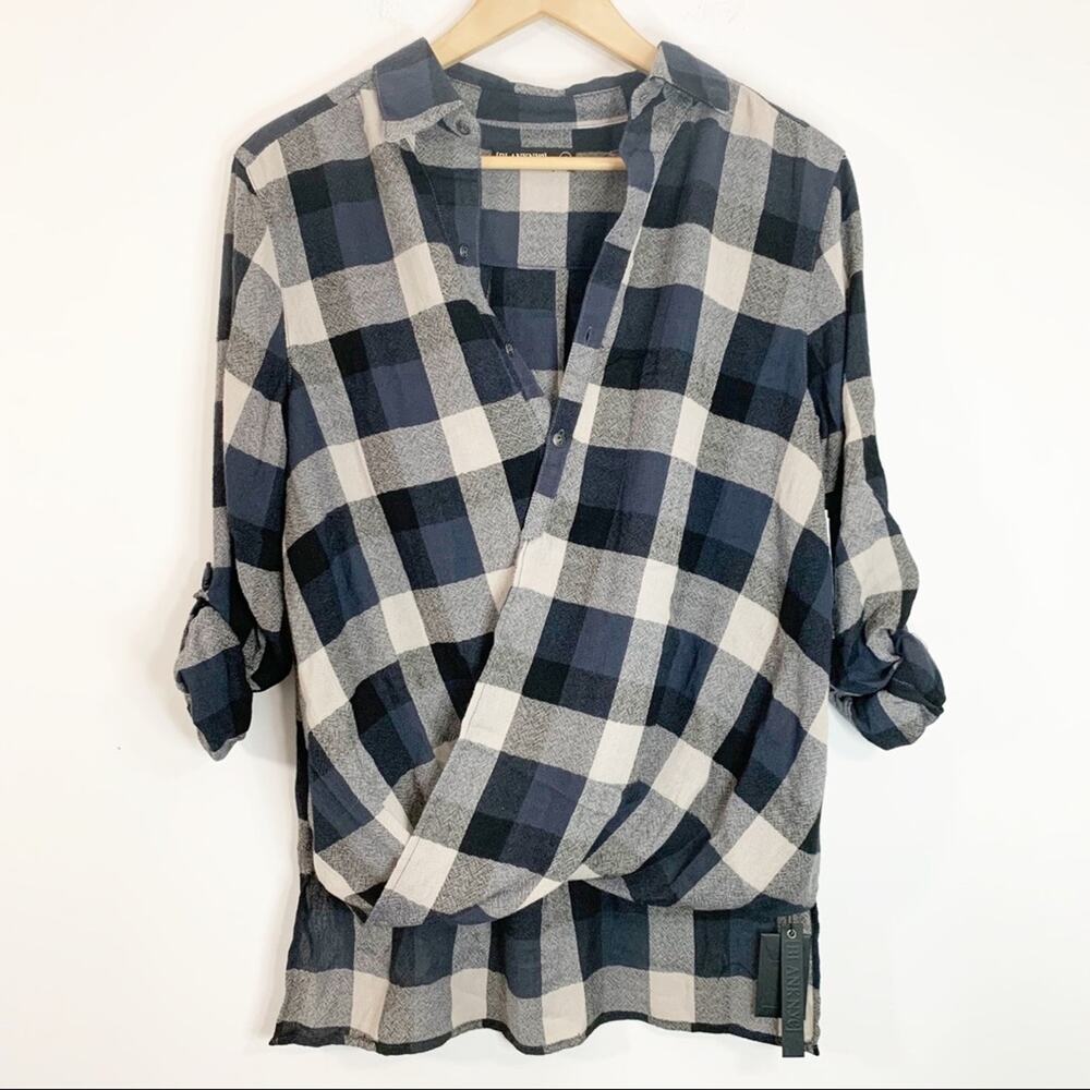BlankNYC Blue and Tan Drape Twist Front Plaid Tunic S NWT - Picture 2 of 14